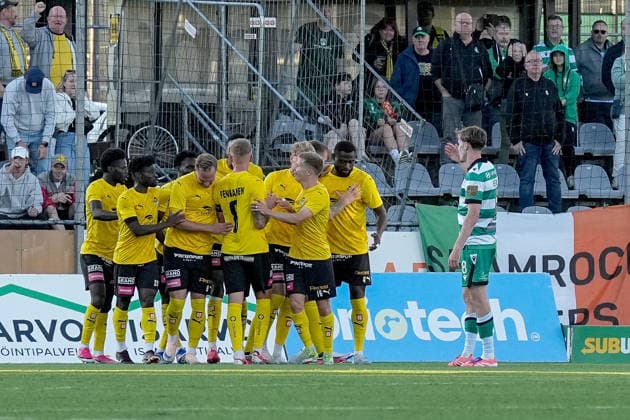 UEFA Europa Conference League Play-off Second Leg, VÄRE Areena, Kuopio, Finland 27 8 2026 KuPS vs Shamrock Rovers KuPS Kuopio players celebrate their side scoring their first goal of the match KuPS Kuopio players celebrate their side scoring their first goal of the match 27 8 2026  Copyright: xx PM107043