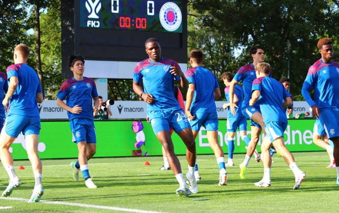 FK Jablonec v Rangers, Conference League, 27 August 2026 Rangers players including Olwethu Makhanya (24) warm up. Jablonec Czech Republic Copyright: xDanxWestwell:xSPORTPIX.ORG.UKx