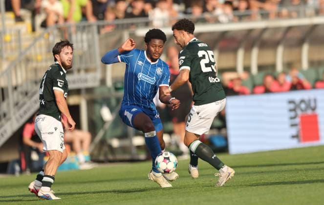 Tochi Chukwuani of Rangers battles for the ball with Sebastian Nebyla of Jablonec during UEFA Conference League playoff round second leg match at Chance Arena, Jablonec. FK Jablonec v Rangers - UEFA Conference League - Chance Arena, Czech - 27 Aug 2026Jablonec Chance Arena Czech Republic EDITORIAL USE ONLY  Copyright: xRangersxFC Shutterstockx 17121543ae