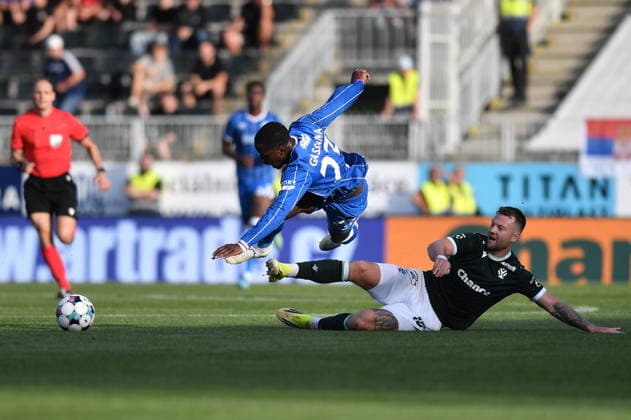 Football Conference League fourth qualifying round match: FK Jablonec vs Glasgow Rangers in Jablonec nad Nisou, Czech Republic, August 27, 2026. From left Djeidi Gassama of Rangers, Martin Cedidla of Jablonec. (CTKxPhoto VitxCerny) CTKPhotoP2026082706868  CTKPhotoP2026082706868