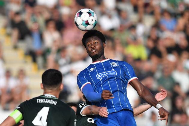 Football Conference League fourth qualifying round match: FK Jablonec vs Glasgow Rangers in Jablonec nad Nisou, Czech Republic, August 27, 2026. From left Nemanja Tekijaski of Jablonec, Tochi Chukwuani of Glasgow Rangers, (CTKxPhoto VitxCerny) CTKPhotoP2026082706885  CTKPhotoP2026082706885