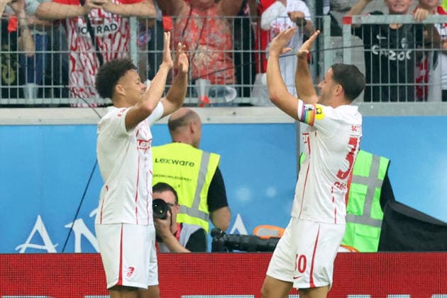 August 27, 2026, xrekx, soccer Conference League qualifier, SC Freiburg vs. FC Motherwell: Goal celebration after Derry Scherhant scored the 1-0 goal for SC Freiburg, with Christian Guenter of SC Freiburg, SC Freiburg, Freiburg