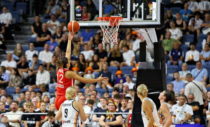 From left: Zeynep Sevval Guel, Turkey Women s 12, Emma Eichmeyer, Germany Women s 09, Alexandra Wilke, Germany Women s 03, Patricia Brossmann, Germany Women s 34; Germany vs. Turkey, Basketball, DBB, Women, Friendly Match, August 27, 2026 Germany vs. Turkey, Basketball, DBB, Women, Friendly Match, August 27, 2026 Cologne Copyright: xEibner-Pressefotox xThomasxStoeckerx EP_TSR