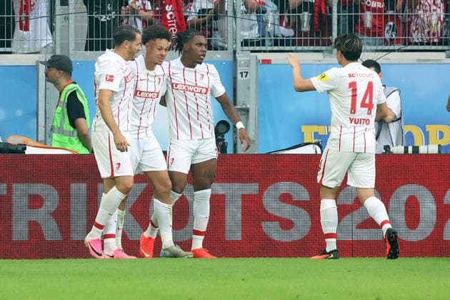 August 27, 2026, xrekx, Soccer Conference League Qualifiers, SC Freiburg vs. FC Motherwell – Goal celebration after Derry Scherhant scores the 1–0 goal for SC Freiburg, featuring Christian Guenter, Cyriaque Irie, and Yuito Suzuki of SC Freiburg