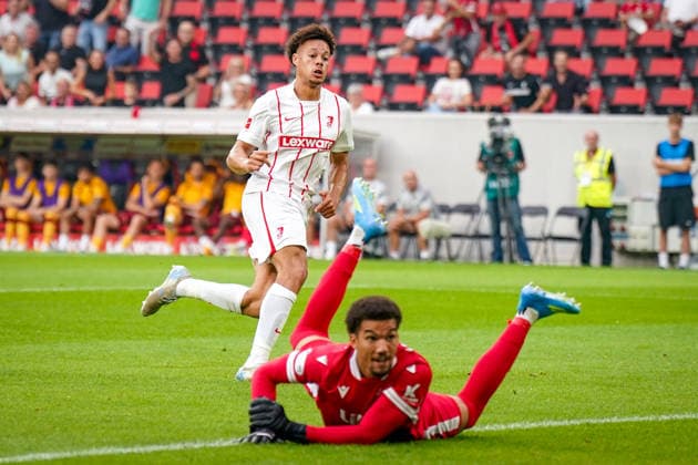 Germany UEFA Conference League Qualifiers: SC Freiburg vs. FC Motherwell, Playoffs 2026–2027, Europa-Park Stadium, Freiburg; Derry Scherhant (SC Freiburg), 7th goal and shot on goal for the 1–0 lead; Alex Paulsen (FC Motherwell), 1, unable to prevent the goal Copyright: xJOERANxSTEINSIEKx
