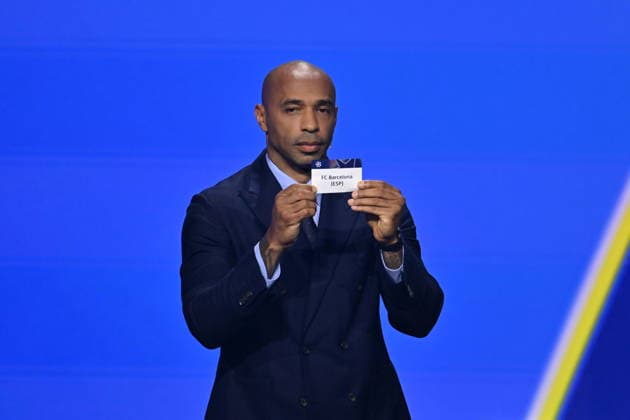 UEFA Champions League 2026 27 league phase draw in Monaco MONACO - AUGUST 27: French former football player Thierry Henry shows the paper slip of FC Barcelona, Barca (ESP) during the draw ceremony for the league phase of the 2026-2027 UEFA Champions League football tournament at the Grimaldi Forum in the Principality of Monaco on August 27, 2026. Mustafa Yalcin Anadolu Monaco Monaco. Editorial use only. Please get in touch for any other usage.  Copyright: x2026xAnadoluxMustafaxYalcinx