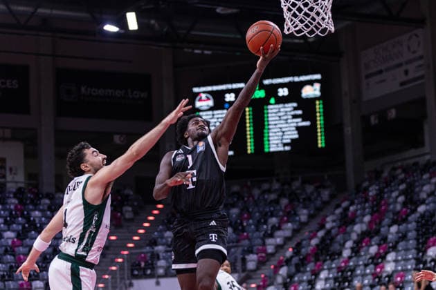 Exhibition Game: Telekom Baskets Bonn vs. VET CONCEPT Gladiators Trier, August 27, 2026. John Michael Wright of Telekom Baskets Bonn scores 1 point against Clay Guillozet of VET CONCEPT Gladiators Trier. Exhibition Game: Telekom Baskets Bonn vs. VET CONCEPT Gladiators Trier, August 27, 2026, Telekom Dome Bonn Copyright: xBEAUTIFULxSPORTS Derixx