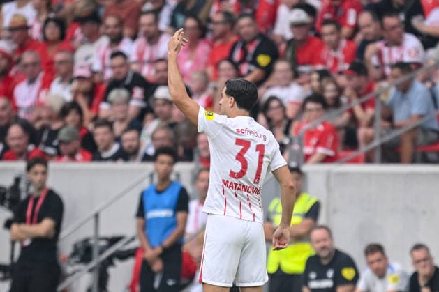 Igor Matanovic of SC Freiburg gestures during the second leg of the 2026-27 UEFA Conference League playoff round match between Sport Club Freiburg and Motherwell at Stadion am Wolfswinkel on August 27, 2026, in Freiburg, Germany. Photo by Harry Langer, DeFodi Images