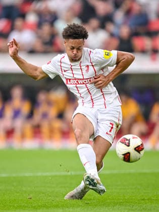 Derry Scherhant of SC Freiburg scores his team s first goal during the second leg of the 2026–27 UEFA Conference League playoff round match between Sport Club Freiburg and Motherwell at Stadion am Wolfswinkel on August 27, 2026, in Freiburg, Germany. Photo by Harry Langer, DeFodi Images