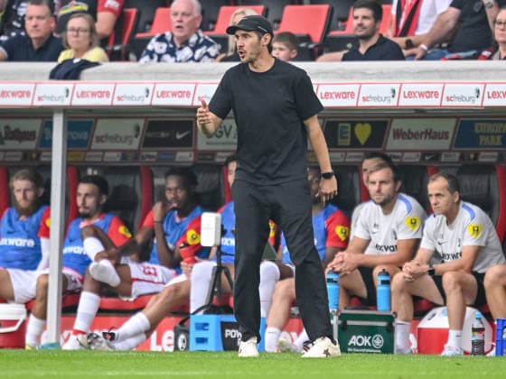 SC Freiburg coach Julian Schuster gestures during the second leg of the 2026-27 UEFA Conference League playoff round match between Sport Club Freiburg and Motherwell at Stadion am Wolfswinkel on August 27, 2026, in Freiburg, Germany. Photo by Harry Langer, DeFodi Images