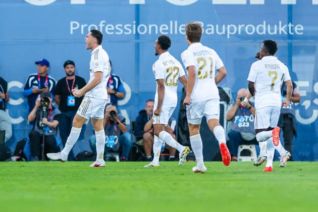 Adrion Pajaziti and Hajduk Split players celebration his goal during the UEFA Conference League 2026 27 Play Off Round Second Leg match between teams of Rakow Czestochowa and Hajduk Split (Gleb Soboliev Ball Raw Images) Czestochowa Miejski Stadion PiÅ‚karski Rakow Poland Copyright: xGlebxSobolievx glebsoboliev_RAKvHAJ_002
