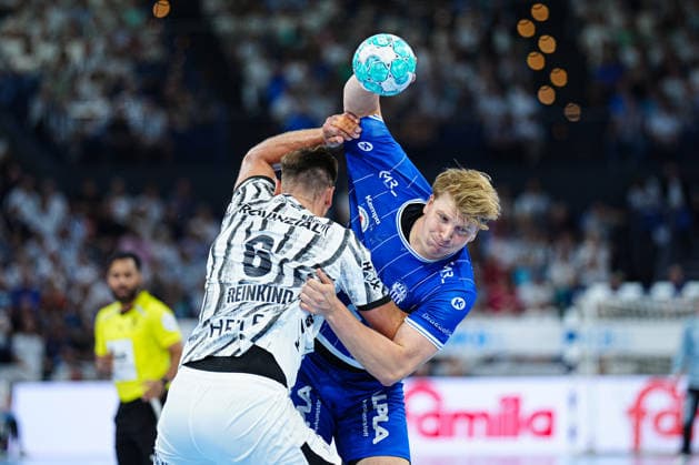 Harald Reinkind, THW Kiel, 06; Lukas Hutecek, TBV Lemgo Lippe, 02 (GER); THW Kiel vs. TBV Lemgo Lippe, Handball, 1st Bundesliga, Matchday 1, 2026–2027 Season, August 27, 2026 GER, THW Kiel vs. TBV Lemgo Lippe, Handball, 1st Bundesliga, Matchday 1, 2026–2027 season, August 27, 2026 Kiel Copyright: xEibner-Pressefoto MarcelxvonxFehrnx EP_MFN