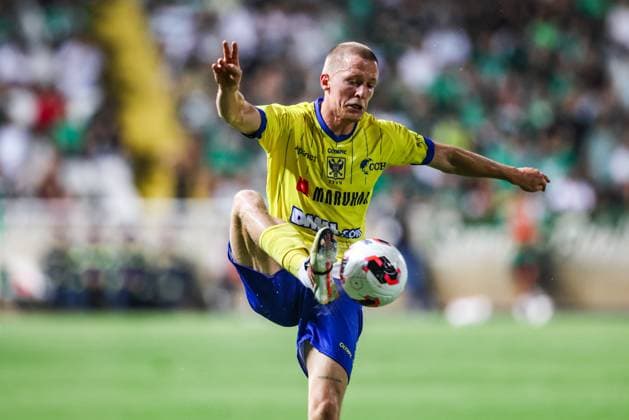 STVV s Robert-Jan Vanwesemael is pictured in action during a soccer game between Cypriot AC Omonia Nicosia and Belgian soccer team Sint-Truidense V.V., Thursday 27 August 2026 in Nicosie, Cyprus, on the return leg of the play-off round for the UEFA Europa League league phase. STVV won the first leg 1-0. BRUNOxFAHY  x184501285x