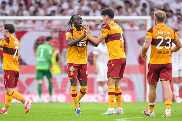 Emmanuel Longelo of Motherwell FC celebrates with his teammates after scoring his team s first goal during the second leg of the 2026-27 UEFA Conference League Playoff Round match between Sport Club Freiburg and Motherwell at Stadion am Wolfswinkel on August 27, 2026, in Freiburg, Germany. Photo by Harry Langer, DeFodi Images