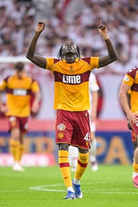 Emmanuel Longelo of Motherwell FC celebrates after scoring his team s first goal during the second leg of the 2026–27 UEFA Conference League playoff round match between Sport Club Freiburg and Motherwell at Stadion am Wolfswinkel on August 27, 2026, in Freiburg, Germany. Photo by Harry Langer, DeFodi Images