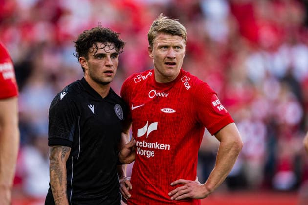 August 27, 2026: Christos Zafeiris of PAOK and Kristian Eriksen of Brann during the UEFA Conference League playoff match between Brann and PAOK on August 27, 2026 in Bergen. Photo by Marius Simensen, BILDBYRAN COP 238 bbeng brann football fotball fotboll paok play off skb soccer uecl uefa conference league  Copyright: MARIUSxSIMENSEN BB260827BB603
