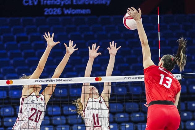Latvia v Hungary - CEV EuroVolley 2026 ISTANBUL, TURKIYE - AUGUST 27: Paula Neciporuka (11) of Latvia in action against Anett Nemeth (13) of Hungary during the CEV EuroVolley 2026 Women Group A match between Poland and Germany at Sinan Erdem Dome in Istanbul, Turkiye on August 27, 2026. Agit Erdi Ulukaya Anadolu Istanbul Turkey. Editorial use only. Please get in touch for any other usage.  Copyright: x2026xAnadoluxAgitxErdixUlukayax