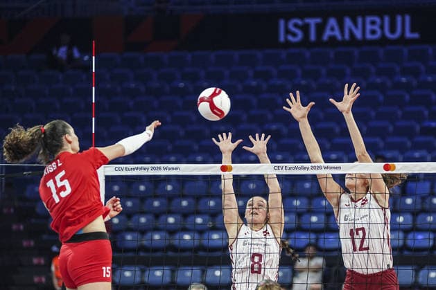 Latvia v Hungary - CEV EuroVolley 2026 ISTANBUL, TURKIYE - AUGUST 27: Elvita Dolotova (8) of Latvia in action against Lilla Kiss (15) of Hungary during the CEV EuroVolley 2026 Women Group A match between Poland and Germany at Sinan Erdem Dome in Istanbul, Turkiye on August 27, 2026. Agit Erdi Ulukaya Anadolu Istanbul Turkey. Editorial use only. Please get in touch for any other usage.  Copyright: x2026xAnadoluxAgitxErdixUlukayax