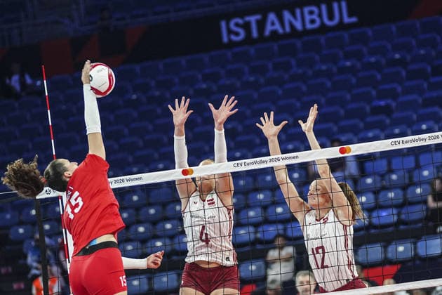 Latvia v Hungary - CEV EuroVolley 2026 ISTANBUL, TURKIYE - AUGUST 27: Marta Levinska (4) of Latvia in action against Lilla Kiss (15) of Hungary during the CEV EuroVolley 2026 Women Group A match between Poland and Germany at Sinan Erdem Dome in Istanbul, Turkiye on August 27, 2026. Agit Erdi Ulukaya Anadolu Istanbul Turkey. Editorial use only. Please get in touch for any other usage.  Copyright: x2026xAnadoluxAgitxErdixUlukayax