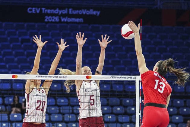 Latvia v Hungary - CEV EuroVolley 2026 ISTANBUL, TURKIYE - AUGUST 27: Megija Dambrehte (5) of Latvia in action against Anett Nemeth (13) of Hungary during the CEV EuroVolley 2026 Women Group A match between Poland and Germany at Sinan Erdem Dome in Istanbul, Turkiye on August 27, 2026. Agit Erdi Ulukaya Anadolu Istanbul Turkey. Editorial use only. Please get in touch for any other usage.  Copyright: x2026xAnadoluxAgitxErdixUlukayax