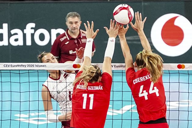 Latvia v Hungary - CEV EuroVolley 2026 ISTANBUL, TURKIYE - AUGUST 27: Marta Levinska (L) of Latvia in action against Zsofia Csereklye (44) of Hungary during the CEV EuroVolley 2026 Women Group A match between Poland and Germany at Sinan Erdem Dome in Istanbul, Turkiye on August 27, 2026. Agit Erdi Ulukaya Anadolu Istanbul Turkey. Editorial use only. Please get in touch for any other usage.  Copyright: x2026xAnadoluxAgitxErdixUlukayax