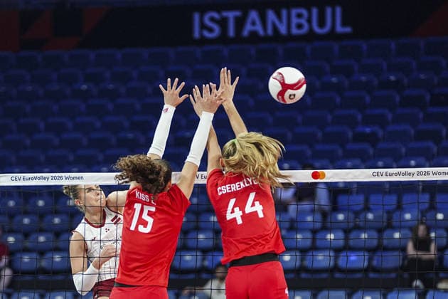 Latvia v Hungary - CEV EuroVolley 2026 ISTANBUL, TURKIYE - AUGUST 27: Marta Levinska (L) of Latvia in action against Zsofia Csereklye (44) of Hungary during the CEV EuroVolley 2026 Women Group A match between Poland and Germany at Sinan Erdem Dome in Istanbul, Turkiye on August 27, 2026. Agit Erdi Ulukaya Anadolu Istanbul Turkey. Editorial use only. Please get in touch for any other usage.  Copyright: x2026xAnadoluxAgitxErdixUlukayax