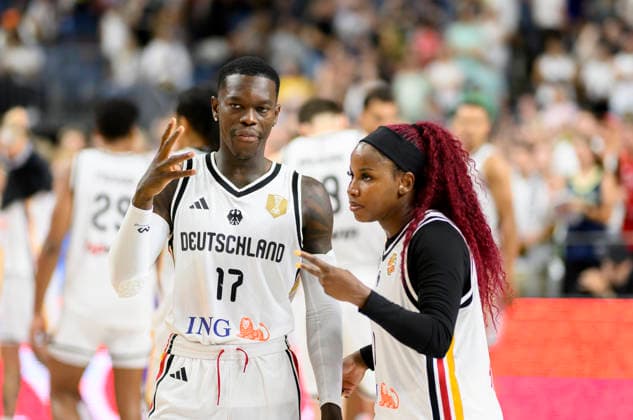 l r Dennis Schröder, Germany; Alexis Peterson Smalls, Germany, in conversation about the women s basketball international friendly match between Germany and Turkey on August 27, 2026, at the LanxessArena in Cologne, Germany