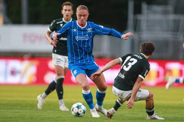 Thelo Aasgaard of Rangers dribbles with the ball round Richard Sedlacek of Jablonec Jablonec v Rangers, UEFA Conference League, Play-Off Round, Second Leg, Football, Stadion Strelnice, Jablonec nad Nisou, Czechia - 27 Aug 2026Jablonec nad Nisou Stadion Strelnice Germany  Copyright: xMilanxKammermayer Shutterstockx 17118931aa