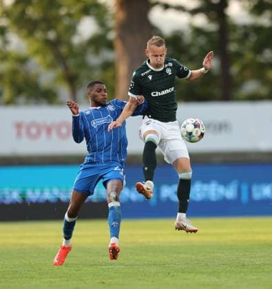 Dujon Sterling of Rangers battles for the ball with Jan Chramosta of Jablonec during UEFA Conference League playoff round second leg match at Chance Arena, Jablonec. FK Jablonec v Rangers - UEFA Conference League - Chance Arena, Czech - 27 Aug 2026Jablonec Chance Arena Czech Republic EDITORIAL USE ONLY  Copyright: xRangersxFC Shutterstockx 17121543aw