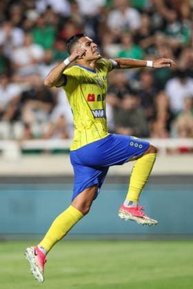 STVV s Ilias Sebaoui celebrates after scoring during a soccer game between Cypriot AC Omonia Nicosia and Belgian soccer team Sint-Truidense V.V., Thursday 27 August 2026 in Nicosie, Cyprus, on the return leg of the play-off round for the UEFA Europa League league phase. STVV won the first leg 1-0. BRUNOxFAHY  x184501954x