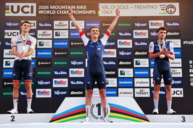 2026 UCI Mountain Bike World Championships Picture by Alex Whitehead SWpix.com - 27 08 2026 - Cycling - 2026 UCI Mountain Bike World Championships - Val di Sole, Trentino, Italy - Cross-country Short Track (XCC) - Men Elite Podium - Adrien Yves Claude Boichis (France) wins the Gold Medal to become World Champion with Charlie Aldridge (Great Britain) receiving the Silver Medal and Luca Martin (France) receiving the Bronze Medal Copyright: x xSWpix.comx(t axPhotographyxHubxLtd)xAlexxWhitehead SWpix.comx SWP-3030-20402
