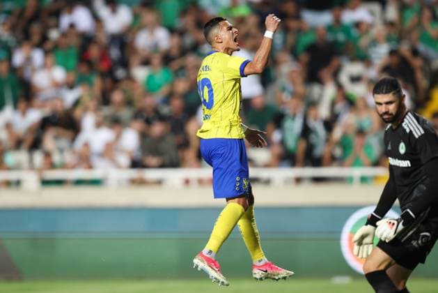 STVV s Ilias Sebaoui celebrates after scoring during a soccer game between Cypriot AC Omonia Nicosia and Belgian soccer team Sint-Truidense V.V., Thursday 27 August 2026 in Nicosie, Cyprus, on the return leg of the play-off round for the UEFA Europa League league phase. STVV won the first leg 1-0. BRUNOxFAHY  x184501962x
