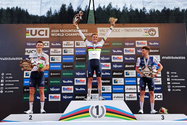 2026 UCI Mountain Bike World Championships Picture by Alex Whitehead SWpix.com - 27 08 2026 - Cycling - 2026 UCI Mountain Bike World Championships - Val di Sole, Trentino, Italy - Cross-country Short Track (XCC) - Men Elite Podium - Adrien Yves Claude Boichis (France) wins the Gold Medal to become World Champion with Charlie Aldridge (Great Britain) receiving the Silver Medal and Luca Martin (France) receiving the Bronze Medal Copyright: x xSWpix.comx(t axPhotographyxHubxLtd)xAlexxWhitehead SWpix.comx SWP-3030-20403