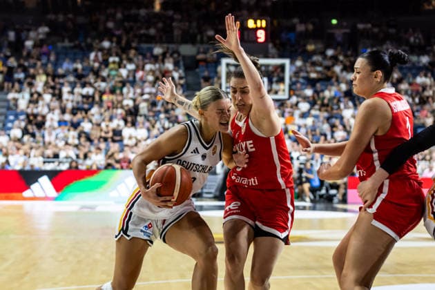 August 27, 2026, GER, Exhibition Game, 2026 FIBA Women’s Basketball World Cup, Cologne, Germany vs. Turkey; Alexandra Wilke (Germany), No. 3, in a one-on-one matchup against Ayse Cora Yamaner (Turkey), No. 8; Cologne, LANXESS arena, North Rhine-Westphalia, Germany
