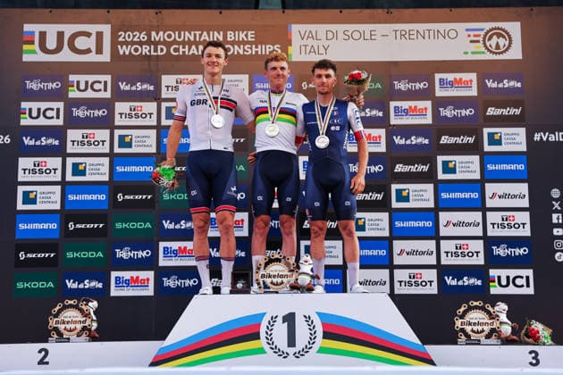 2026 UCI Mountain Bike World Championships Picture by Alex Whitehead SWpix.com - 27 08 2026 - Cycling - 2026 UCI Mountain Bike World Championships - Val di Sole, Trentino, Italy - Cross-country Short Track (XCC) - Men Elite Podium - Adrien Yves Claude Boichis (France) wins the Gold Medal to become World Champion with Charlie Aldridge (Great Britain) receiving the Silver Medal and Luca Martin (France) receiving the Bronze Medal Copyright: x xSWpix.comx(t axPhotographyxHubxLtd)xAlexxWhitehead SWpix.comx SWP-3030-20452