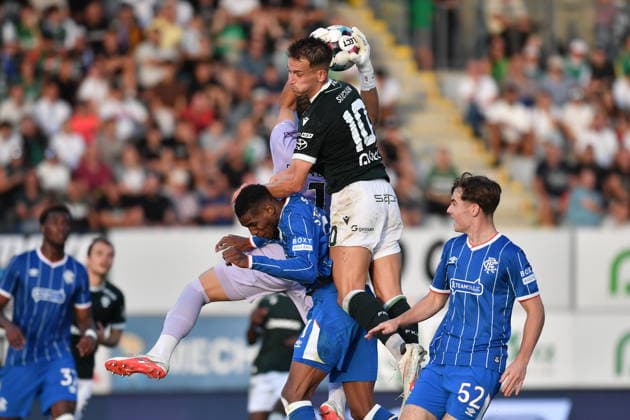 Football Conference League fourth qualifying round match: FK Jablonec vs Glasgow Rangers in Jablonec nad Nisou, Czech Republic, August 27, 2026. From left Dujon Sterling of Glasgow Rangers, Jan Suchan of Jablonec, Findlay Curtis of Glasgow Rangers. (CTKxPhoto VitxCerny) CTKPhotoP2026082707361  CTKPhotoP2026082707361
