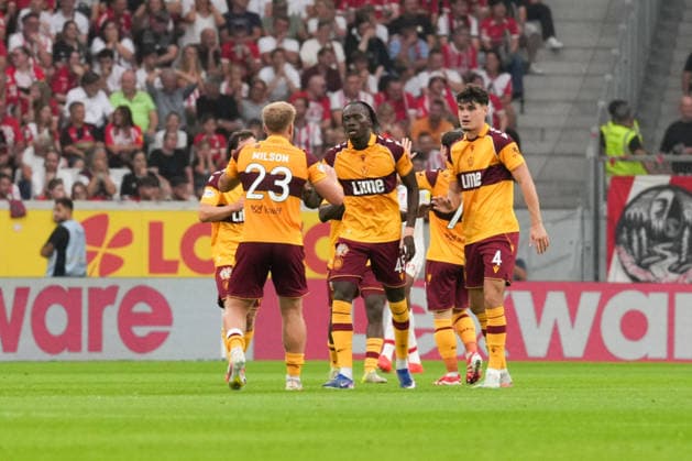 UEFA Conference League Qualifier: SC Freiburg vs. FC Motherwell, August 27, 2026. Celebration of the 1-1 goal by Emmanuel Longelo of FC Motherwell, 45. UEFA Conference League Qualifier: SC Freiburg vs. FC Motherwell, Europa-Park Stadium, August 27, 2026 Copyright: xBEAUTIFULxSPORTS Boscox