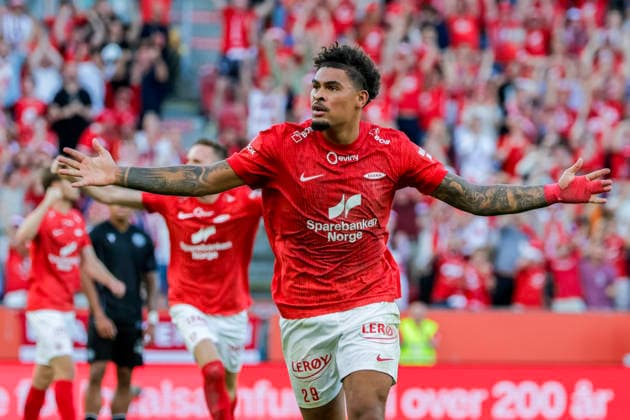 UEFA Conference League Qualifiers 2026: Brann vs. PAOK, Bergen, August 27, 2026. Brann’s Noah Holm celebrates his 10th goal during the Conference League playoff soccer match between SK Brann and PAOK at Brann Stadium. Photo: Paul S. Amundsen, NTB, Bergen, Norway. EDEDITORIAL USE ONLY; RESTRICTED USE FOR BETTING COMPANIES  Copyright: xPaulxS.xAmundsenx xNTBx
