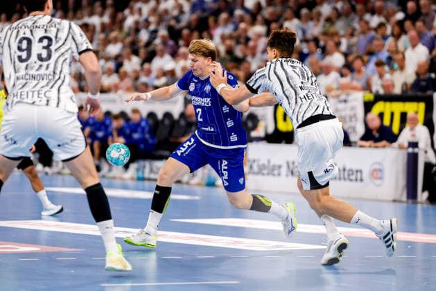 Kiel, August 27, 2026; Handball, 1st Bundesliga 2026-27; THW Kiel vs. TBV Lemgo Lippe; Lukas Hutecek (TBV Lemgo Lippe), 2; Julian Köster (THW Kiel), 7