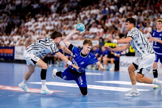 Kiel, August 27, 2026; Handball, 1st Bundesliga 2026-27; THW Kiel vs. TBV Lemgo Lippe; Rasmus Ankermann (THW Kiel, 22); Janis Pavels Valkovskis (TBV Lemgo Lippe, 26); Julian Köster (THW Kiel, 7
