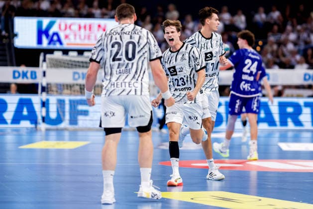 Kiel, August 27, 2026; Handball, 2026-27 Bundesliga 1, THW Kiel vs. TBV Lemgo Lippe; Lukas Laube (THW Kiel, 20); Rune Dahmke (THW Kiel, 23)