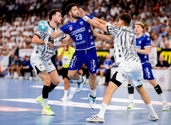 Kiel, August 27, 2026; Handball, 2026-27 Bundesliga 1; THW Kiel vs. TBV Lemgo Lippe; Veron Nacinovic (THW Kiel), 93; Tim Suton (TBV Lemgo Lippe), 23; Julian Köster (THW Kiel), 7