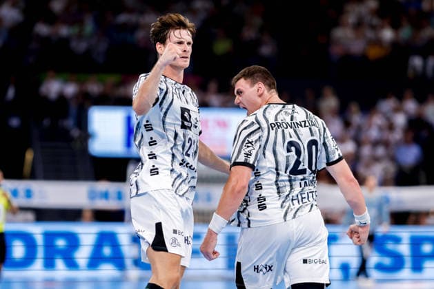 Kiel, August 27, 2026; Handball, 2026-27 Bundesliga 1, THW Kiel vs. TBV Lemgo Lippe; Rune Dahmke (THW Kiel, 23), Lukas Laube (THW Kiel, 20)
