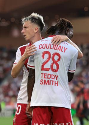 AS Monaco v Gornik Zabre - UEFA Conference League - Season 2026-2027 Monaco, Monaco, 27th August 2026. Mamadou Coulibaly of AS Monaco celebrates with team mate Aleksandr Golovin after scoring to give the hosts a 2-0 lead during the AS Monaco vs Gornik Zabre UEFA Conference League match at Stade Louis II, Monaco. Picture credit should read: Jonathan Moscrop Monaco Stade Louis II Monaco
