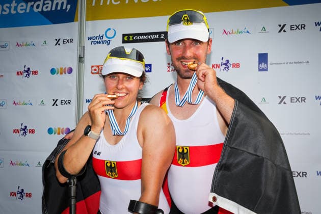 RECORD DATE NOT STATED 27th August 2026; Bosbaan, Amsterdam, Holland, Netherlands; 2026 World Rowing Championships, Day Four; the medal ceremony; Germany PR2 Mixed Double Sculls (PR2 Mix2x) with Jasmina Bier and Paul Umbach gold medallists AnthonyxBenoit