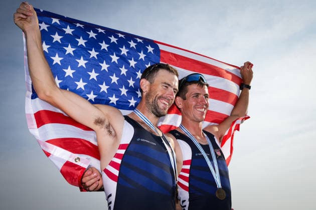 RECORD DATE NOT STATED 27th August 2026; Bosbaan, Amsterdam, Holland, Netherlands; 2026 World Rowing Championships, Day Four; the medal ceremony; United States Lightweight Mens Double Sculls (LM2x) with Jamie Copus and Sean Richardson bronze medallists AnthonyxBenoit