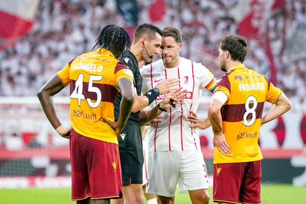 Germany UEFA Conference League Qualifiers: SC Freiburg vs. FC Motherwell, 2026–2027 Playoffs, Europa-Park Stadium, Freiburg; Referee: Andrea Colombo (Italy); Christian Günter (SC Freiburg, 30) and Emmanuel Longelo (Motherwell FC, 45); Lukas Fadinger (Motherwell FC, 8) Copyright: xJOERANxSTEINSIEKx