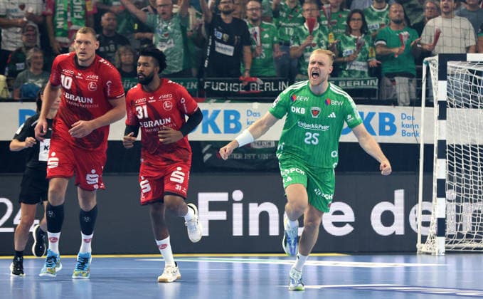 Matthes Langhoff celebrates after scoring a goal: Joy, Emotion, Sports, Handball, HBL Bundesliga Men s Division 1, Matchday, 2026–2027 Season, August 27, 2026, Füchse Berlin vs. MT Melsungen