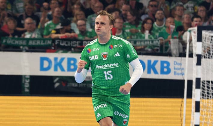 Tobias Schjoelberg Groendahl celebrates after scoring a goal: Joy, Emotion, Celebration, Sports, Handball, HBL, Bundesliga, Men s Division 1, Matchday, 2026–2027 Season, August 27, 2026, Füchse Berlin vs. MT Melsungen