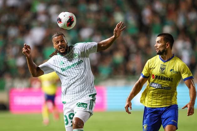 Omonoia s LoÃ¯s Diony and STVV s Visar Musliu fight for the ball during a soccer game between Cypriot AC Omonia Nicosia and Belgian soccer team Sint-Truidense V.V., Thursday 27 August 2026 in Nicosie, Cyprus, on the return leg of the play-off round for the UEFA Europa League league phase. STVV won the first leg 1-0. BRUNOxFAHY  x184504643x